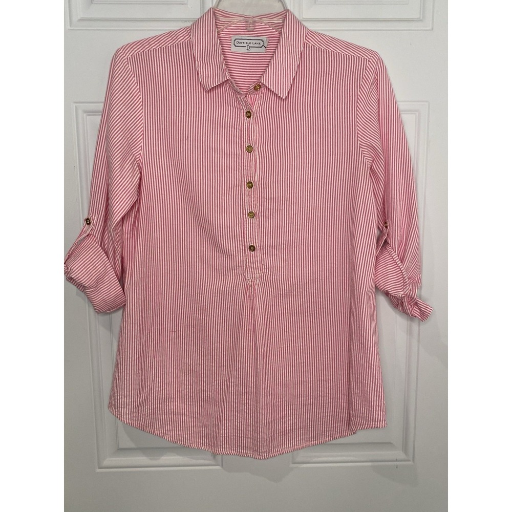 Duffield Lane Women's Small Pink & White Stripe Blouse Long or Roll Sleeve